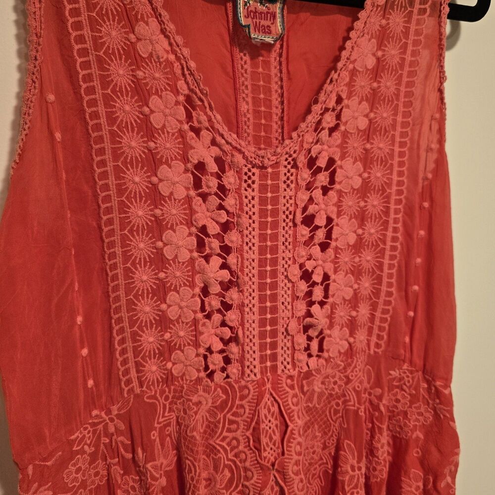 Johnny Was Dress Large Coral Embroidered Sleeveless Lace Swing V Neck READ - Picture 2 of 10